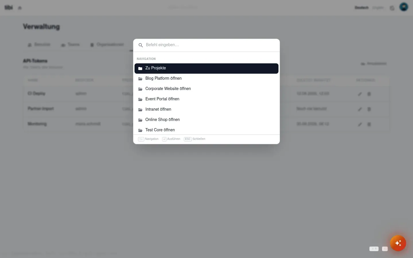Befehlspalette im tibi-admin über Corporate Website: Suchfeld mit dem Hinweis „Befehl eingeben…“, Trefferliste mit Navigation, Sammlungen und Aktionen