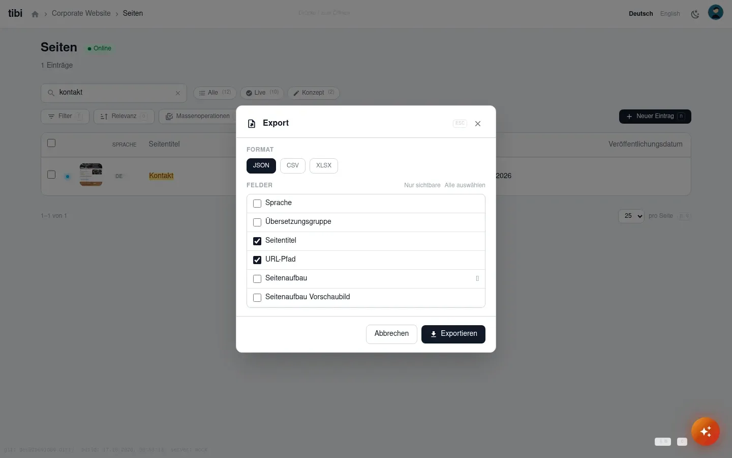 Export-Dialog im tibi-admin: Formatwahl zwischen JSON, CSV und XLSX sowie Spaltenliste mit vorausgewählten Feldern