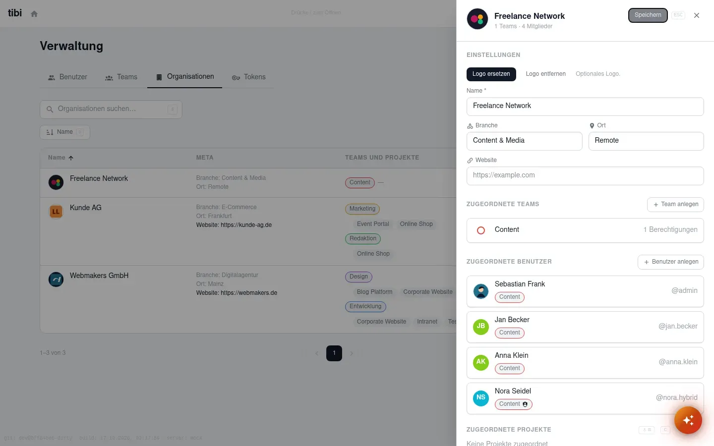 Organisations-Drawer im tibi-admin: Einstellungen mit Name, Branche, Ort und Website, zugeordnete Teams, Benutzer und Projekte