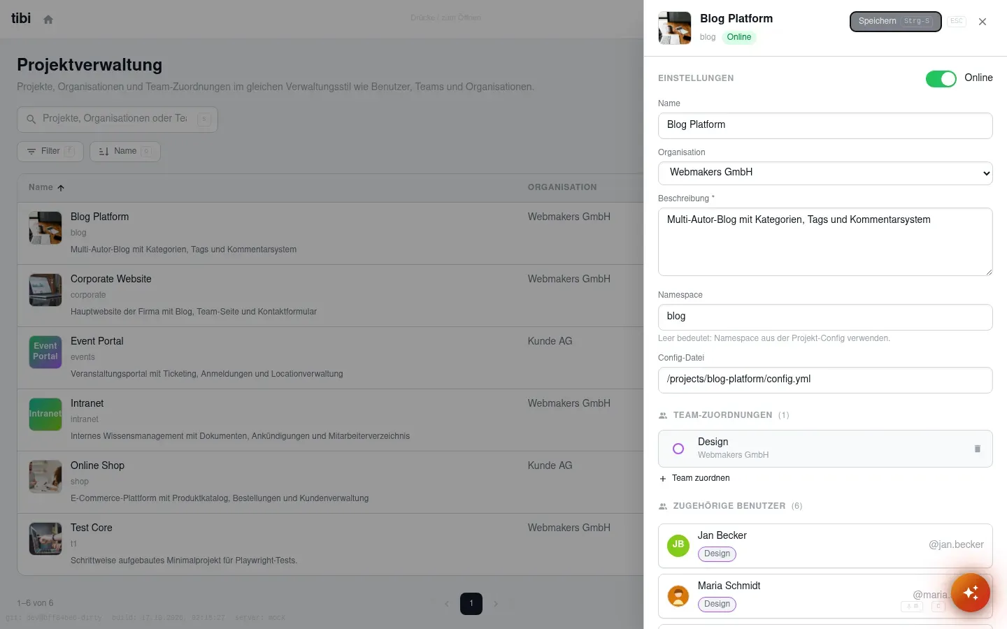 Projektverwaltung im tibi-admin: Projektliste mit Detail-Drawer zu Einstellungen, Team-Zuordnungen und zugehörigen Benutzern