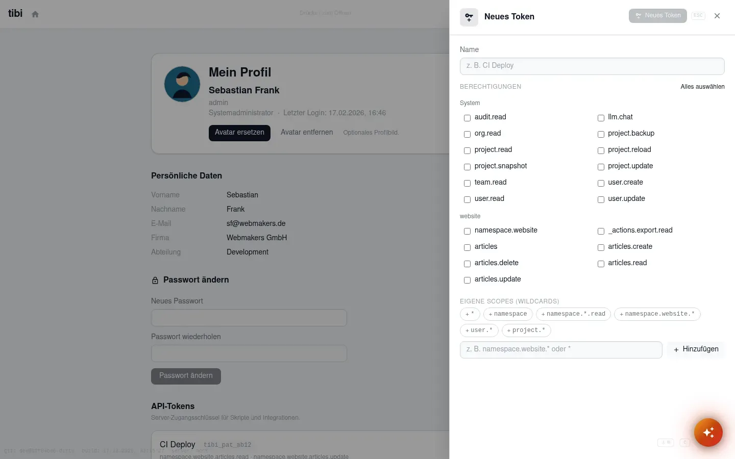 Token anlegen im tibi-admin: Drawer Neues Token mit Namensfeld, Berechtigungs-Checkboxen und eigenen Scopes