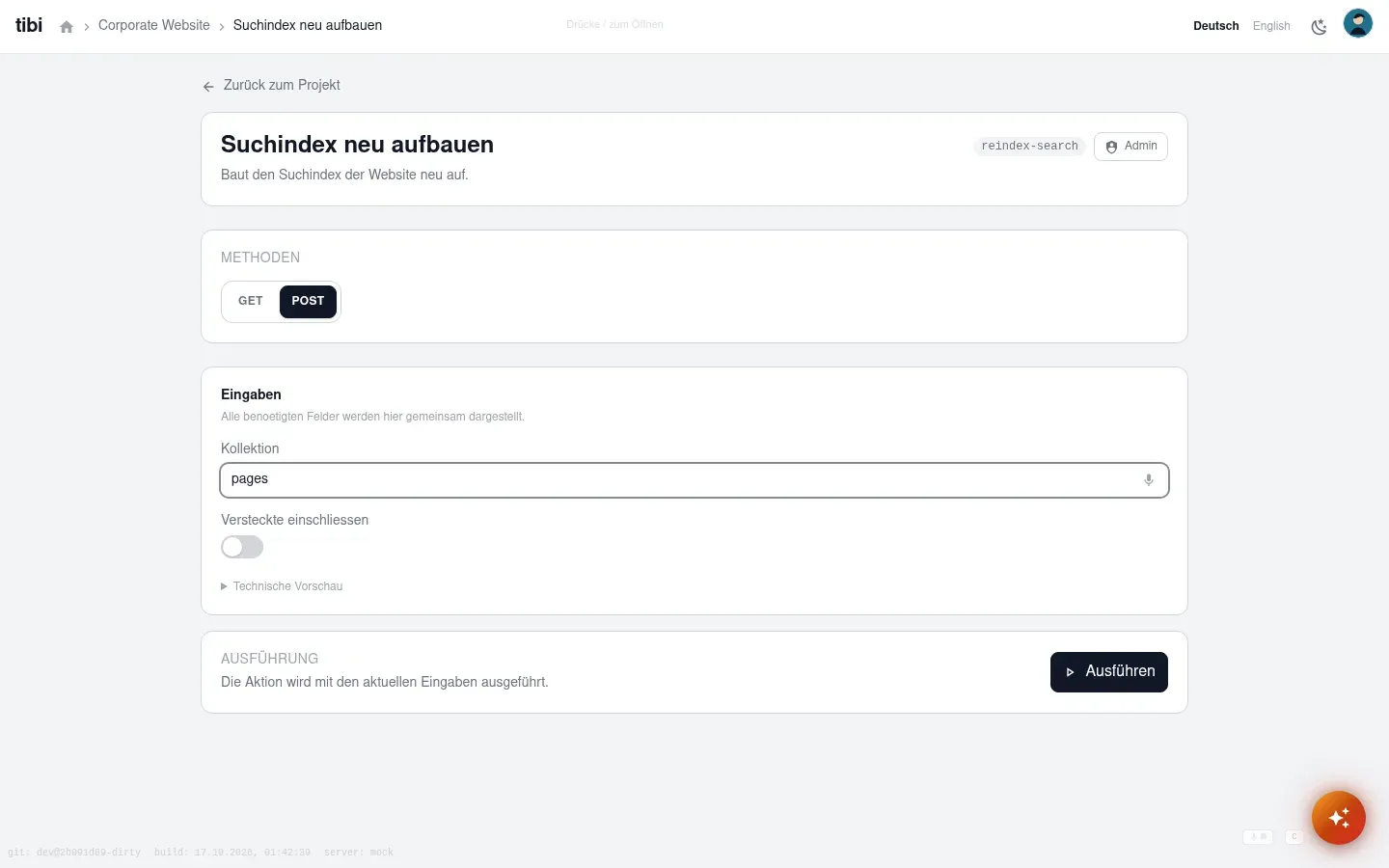 Geöffnete Aktion „Suchindex neu aufbauen” mit Eingabeformular und Ausführen-Knopf