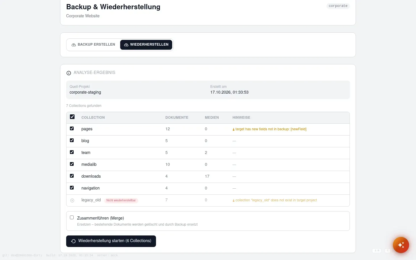 Analyse-Ergebnis mit Collection-Tabelle und Zusammenführen-Option im Ersetzen-Modus