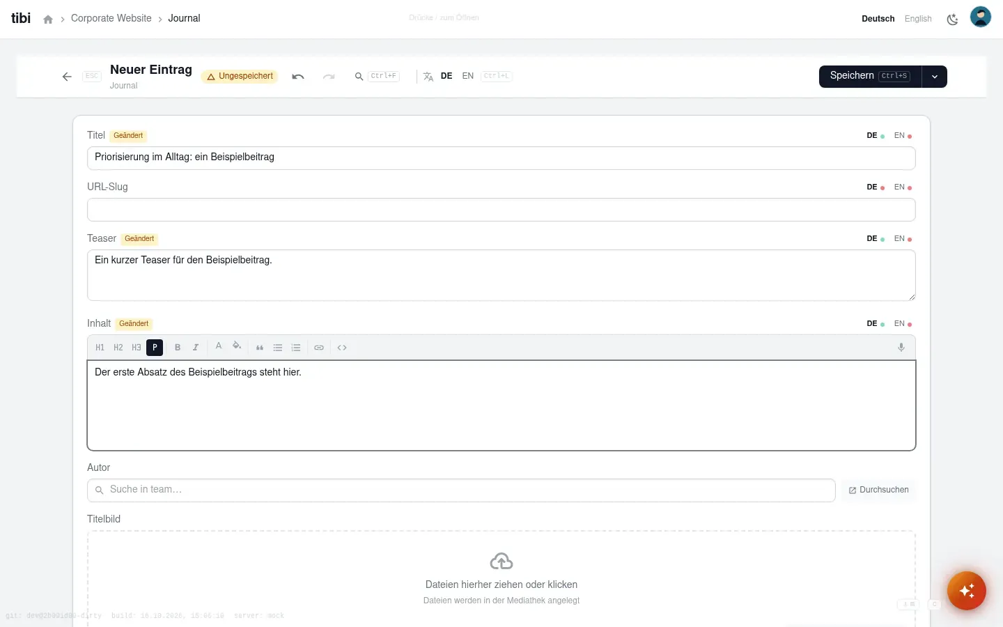 Ausgefülltes Formular mit Titel, Teaser und Inhalt