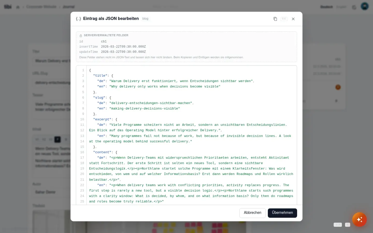 Dialog Eintrag als JSON bearbeiten mit serververwalteten Feldern und JSON-Text
