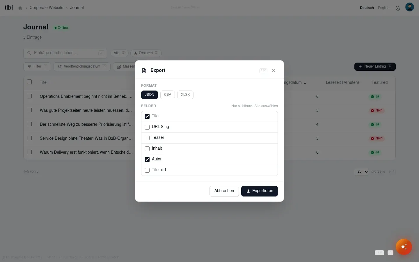 Export-Dialog mit Formatwahl und Spaltenauswahl