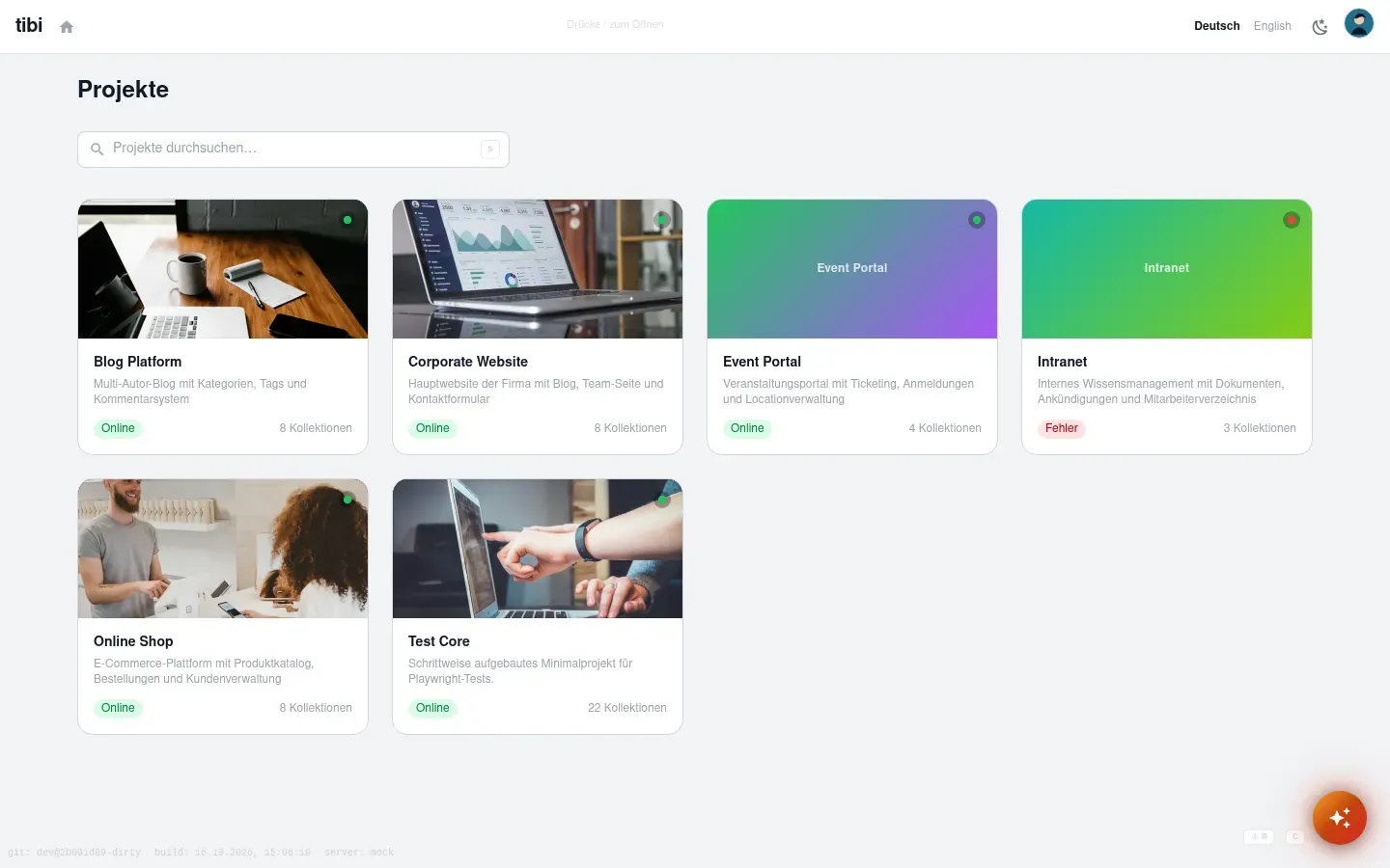 Projektliste mit allen Projekten, darunter die Corporate Website