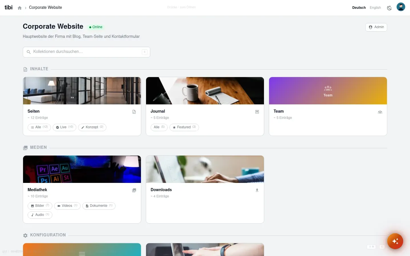 Projektübersicht der Corporate Website mit Kopf, Brotkrumen und Sammlungen