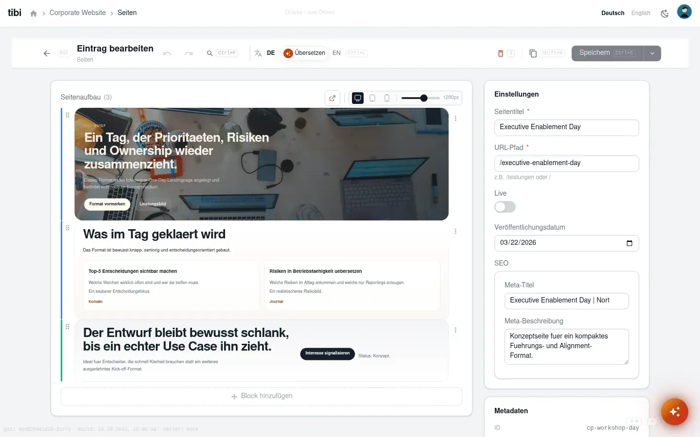 Seite mit ausgefüllten Corporate-Blöcken im Pagebuilder