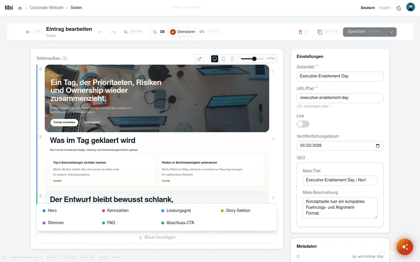 Pagebuilder mit geöffneter Blockauswahl für Corporate-Blöcke