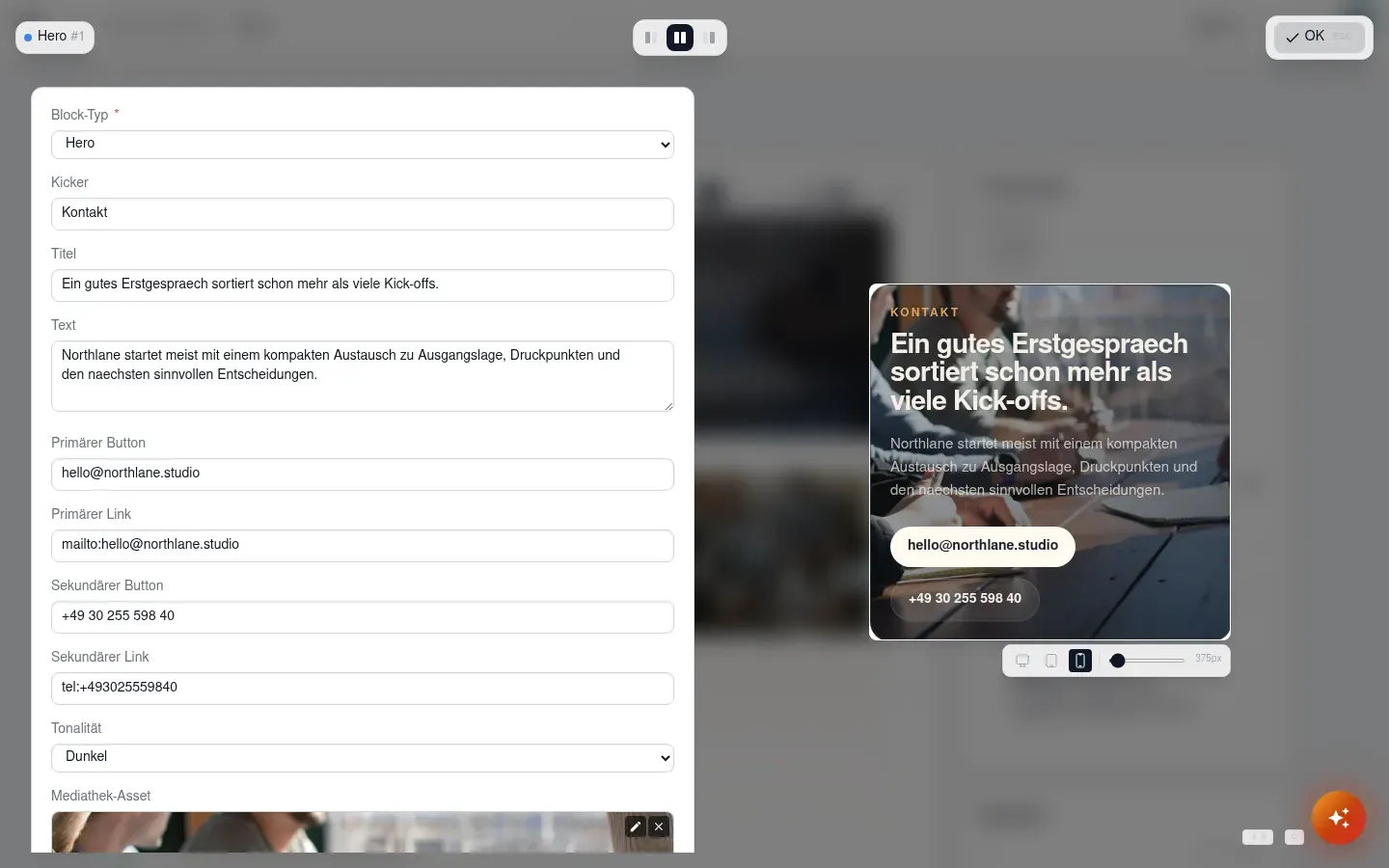 Overlay-Editor mit Mobil-Vorschau (375 px) des Hero-Blocks, Viewport-Umschalter unter der Vorschau