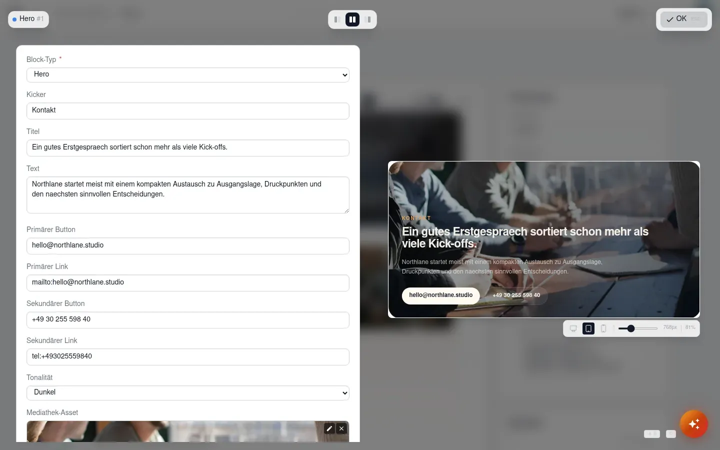 Overlay-Editor mit Tablet-Vorschau (768 px) des Hero-Blocks, Viewport-Umschalter unter der Vorschau