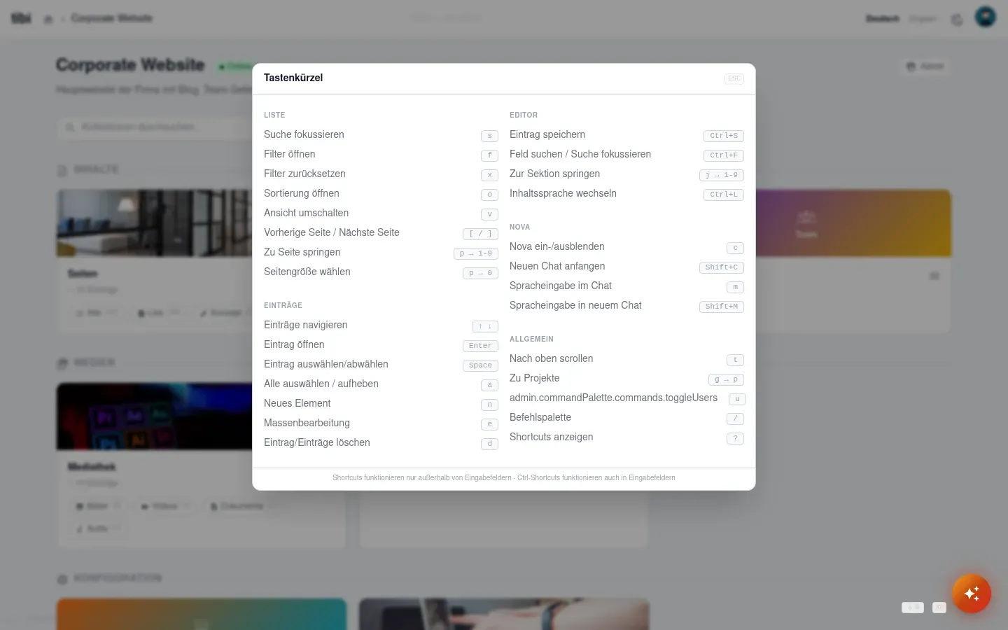 Geöffnete Tastenkürzel-Übersicht mit gruppierten Kürzeln für Liste, Einträge, Editor, Nova und Allgemein
