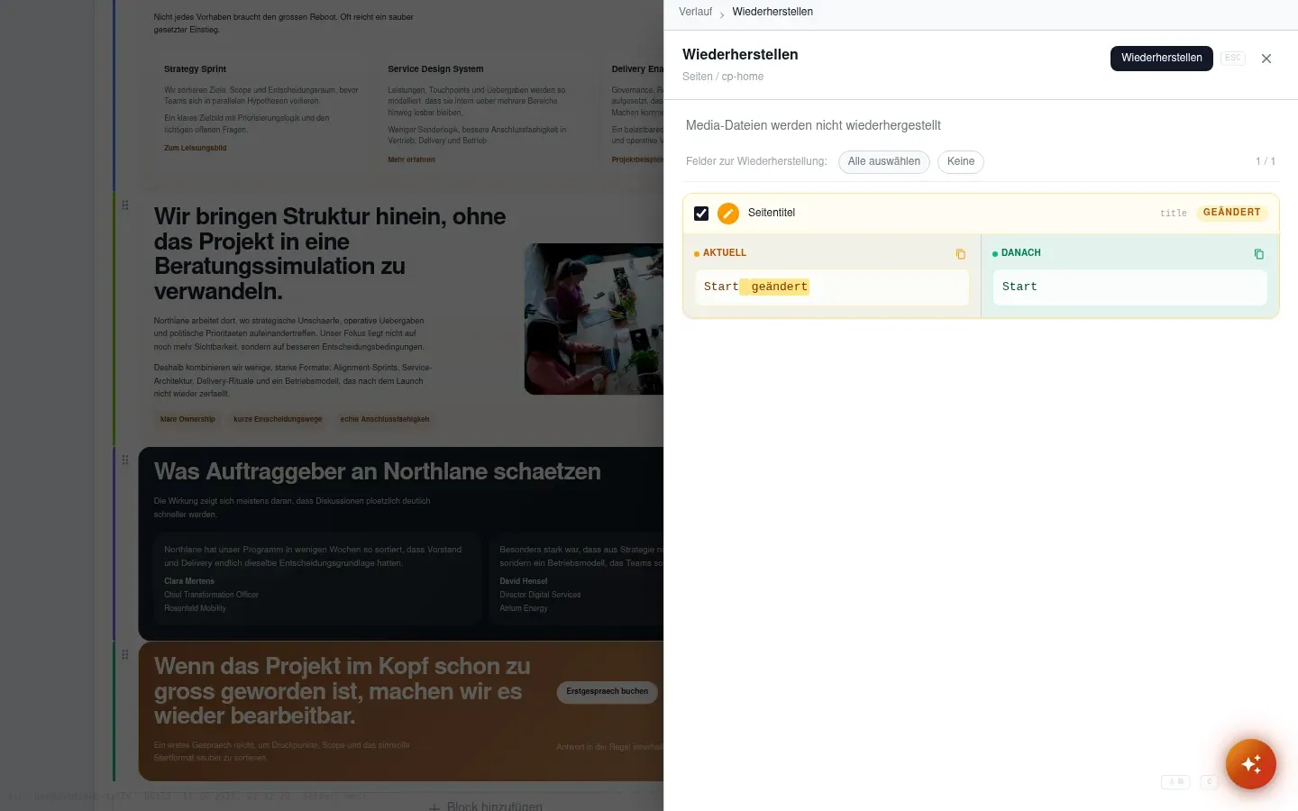 Wiederherstellen-Dialog mit Feldauswahl und den Knöpfen „Alle auswählen” und „Keine”